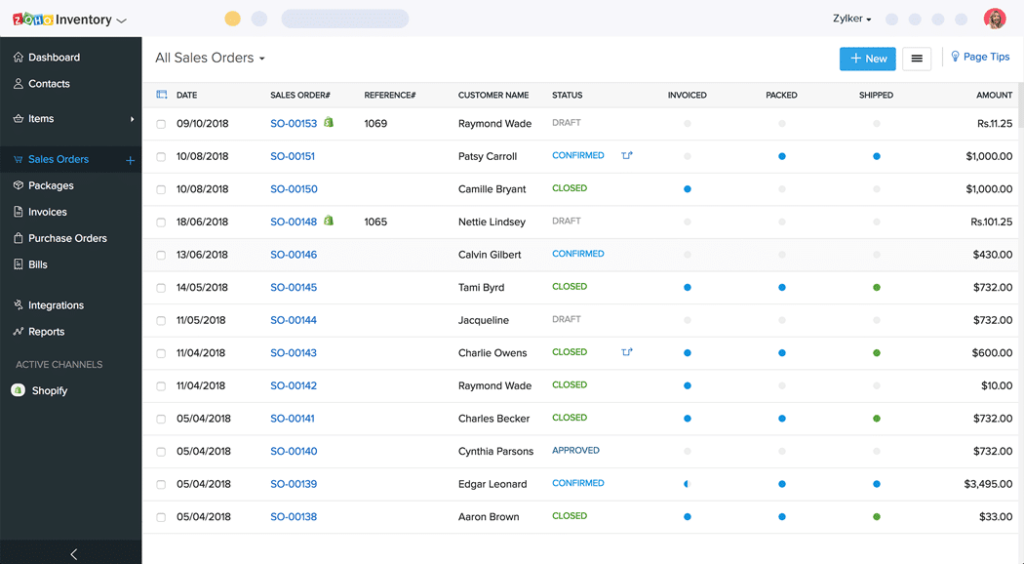 Screenshot of Zoho Inventory user interface