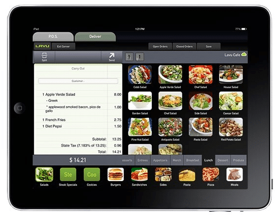 Lavu restaurant POS software shown on a tablet with menu items
