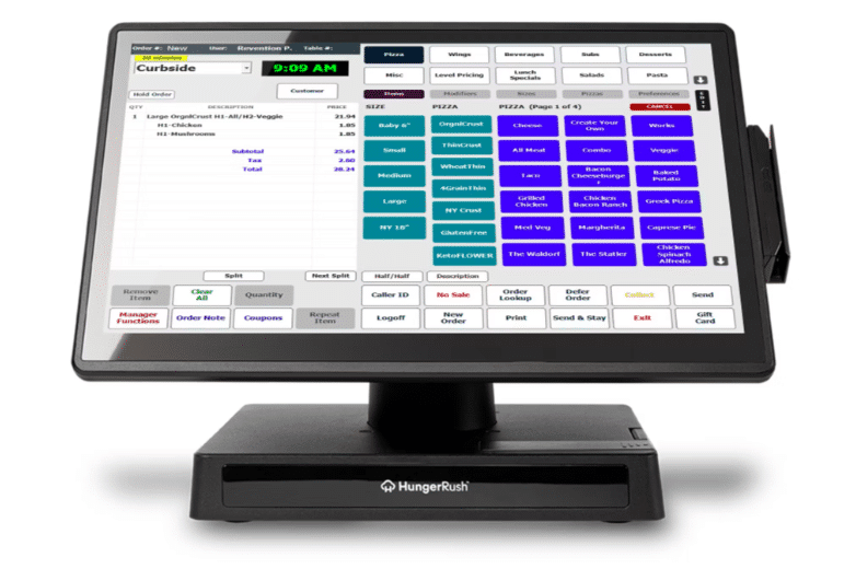 Hunger Rush POS software shown on. desktop terminal