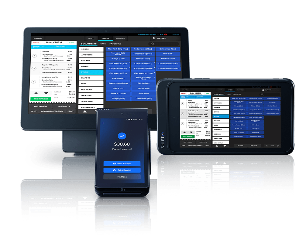 Skytab POS software shown on a desktop terminal, a tablet, and a mobile card reader