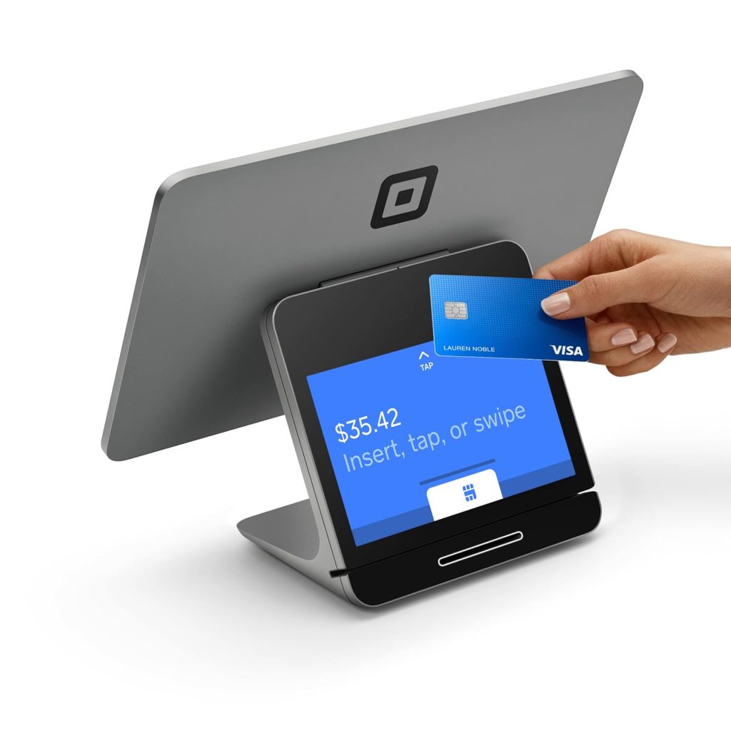 Picture showing a customer checking out using a Square POS hardware.