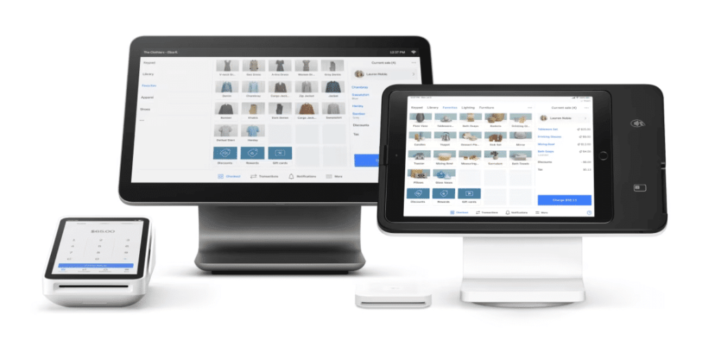 Square hardware, including an iPad and stand, a Square terminal with a built in card reading, a mobile terminal, and a small external credit card reader