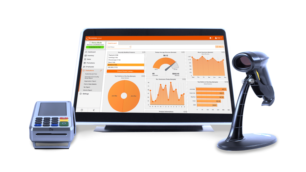 korona pos hardware, software, credit card reader, and barcode scanner