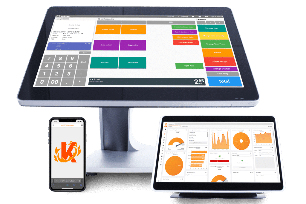 KORONA POS software shown on desktop, tablet, and mobile devices.
