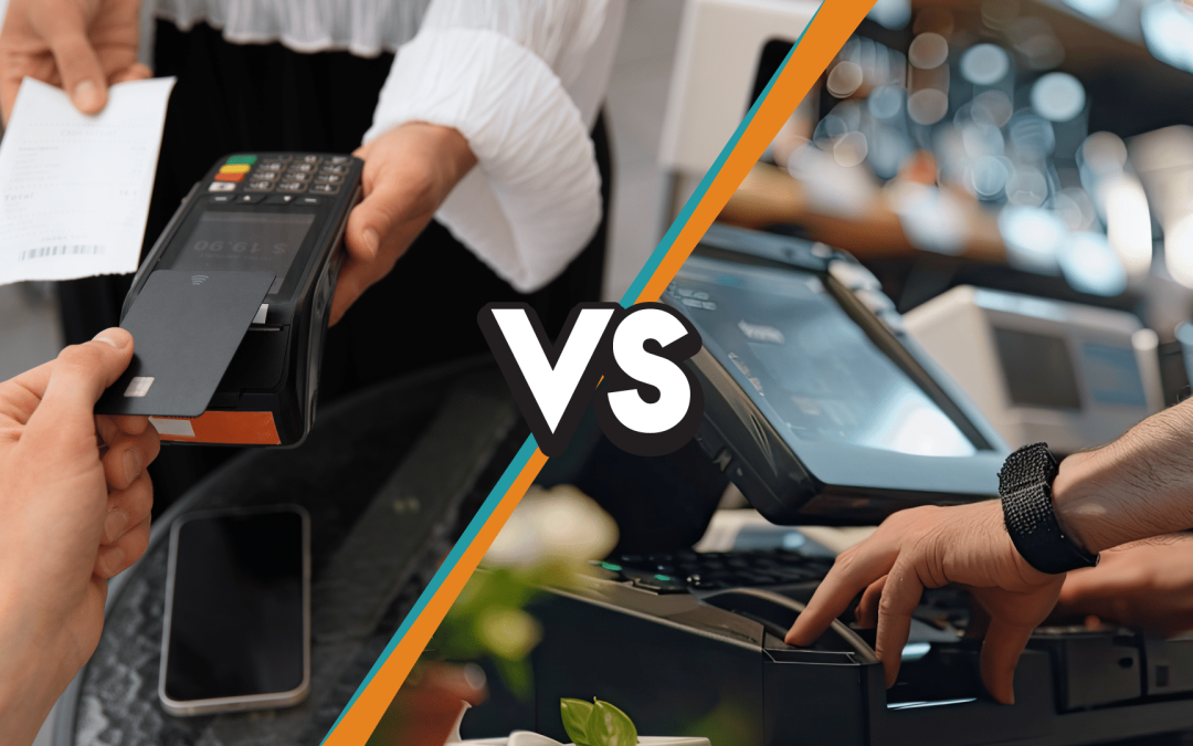 One side of the image shows a payment system and credit card machine, the other shows a cashier using a cloud POS system