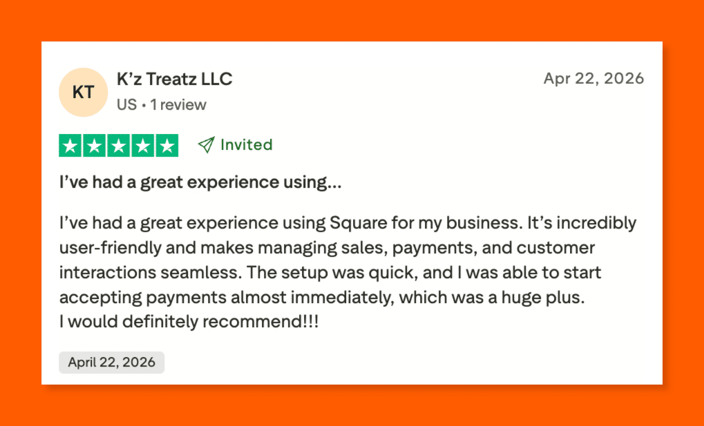 Five-star Trustpilot review of Square, praising its ease of use and quick payment setup.