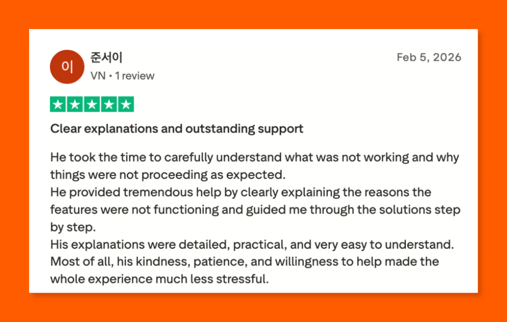 Five-star Trustpilot review, praising a support representative for clear, patient, and step-by-step guidance.