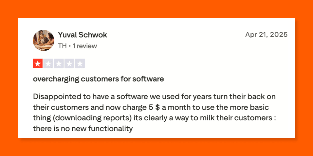 One-star Trustpilot review of Loyverse by Yuval Schwok, criticizing the platform for charging for basic features without adding new functionality.