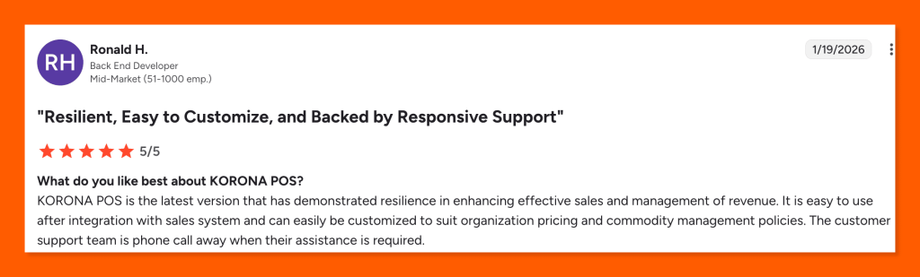 Five-star G2 review of KORONA POS, highlighting its customization flexibility, sales management, and responsive support team.