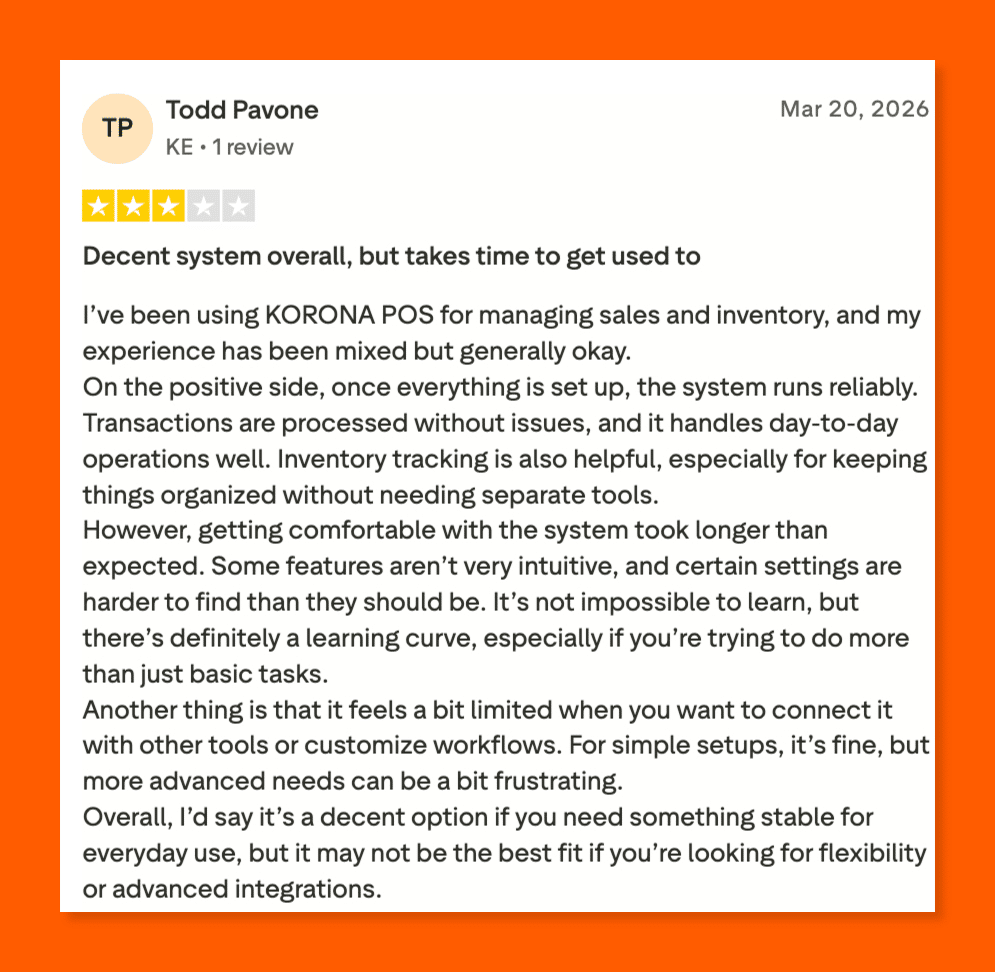 Three-star Trustpilot review of KORONA POS, noting reliable performance but citing a learning curve and limited integration capabilities.