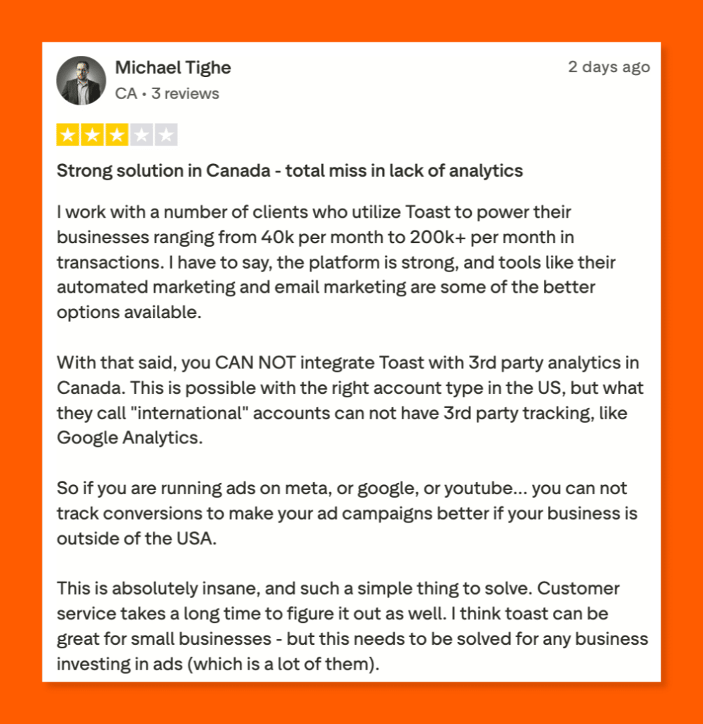 Two-star Trustpilot review of Toast by Michael Tighe, praising its marketing tools but criticizing the lack of third-party analytics support for Canadian accounts.