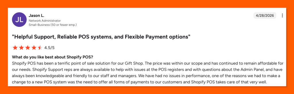 4.5-star G2 review of Shopify POS by Jason L., highlighting affordable pricing, reliable support, and flexible payment options.
